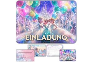 Glowiibo Set mit 12 Prinzessin des Eises/Schneekönigin Einladungskarten für Geburtstag mit passenden Umschlägen – für Kinder, Mädchen – Vorgedruckte Karten auf Deutsch für Geburtstagsparty und Feier