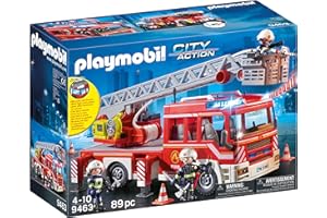 Playmobil 9463 Camion de Pompiers avec échelle pivotante - City Action - avec Trois Personnages, Un véhicule avec échelle télescopique, Module Lumineux et sonore - Intervention de Secours - Dès 4 Ans
