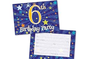 ABSOLUTELY YOURS Age 6 Party Invitations Kids. Pack of 36. Blue Starburst Themed Invitation with Matching envelopes. 120 x 172mm. Party Invites, Birthday Party Invitations. Designed and Printed in UK.