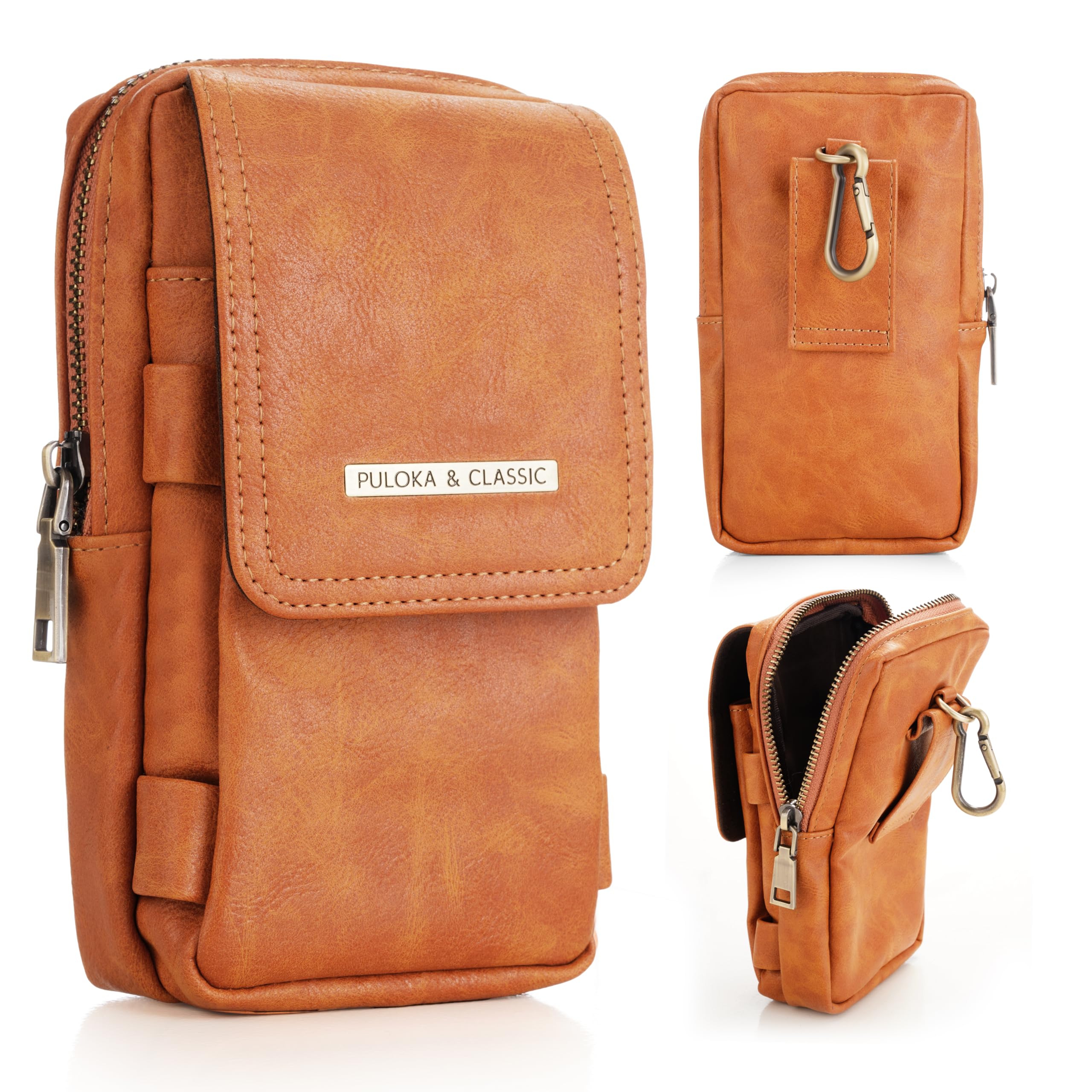 PULOKA Multi-Purpose Dual Mobile PU Leather Pouch Carry Two Phones, Cash, Cards, Keys, and Accessories Travel Holster Pouch Upto 6.8 inch - Brown