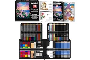 KALOUR Kit da disegno da 140 pezzi, materiale artistico con album da disegno a 3 colori e carta da colorare, include tutorial, colorato, grafite, carbone, acquerelli e matite metalliche, per artisti