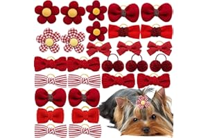 Mruq pet 20pc Red Small Dog Hair Bows with Rubber Bands, Bulk Puppy Dog Hair Bows, Mix Handmade Cute Dog Gooming Flower Ball Bowknot Top Knot for Holiday Daily Yorkie Dog Hair Accessories