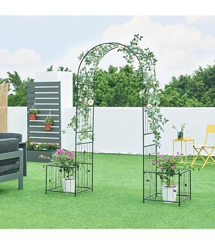 Melko Arco Per Rose In Legno, 179 X 206 Cm, Con 2 Fioriere - 7