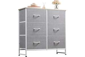 WLIVE Cómoda de 6 Cajones, Gabinete con Parte Superior de Madera y Estructura de Acero para Dormitorio, Sala de Estar, Pasillo, Gris Claro