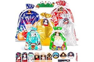 LLUOXI 12pcs Christmas Drawstring Gift Bags, Extra Large Medium Small Multipack, Festive Foil Present Bags for Gift Wrapping, Party Favours - 12pcs Xmas Gift Bags, Assorted Sizes with Drawstring Tags
