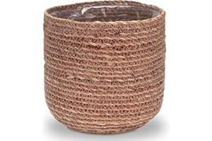 Decorasian Pot de Fleurs en jonc de mer - Cache-Pot tressé - Panier à Plantes décoratif avec Insert en Film Plastique dans Le Style Boho - Natuel/Rouge - 21cm