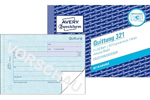 AVERY Zweckform 321 kvittoblock (A6 tvär, 2 x 50 ark, med genomslag, förfalskningssäker, inkl. moms, för Tyskland och Österrike)