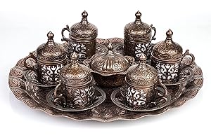 NOSY NOMAD Juego de café: juego de 6 tazas para café turco, plato para pasteles, auténtico cobre fundido | Tazas para café turco en cobre con tazas de estilo otomano | Set de 6 piezas