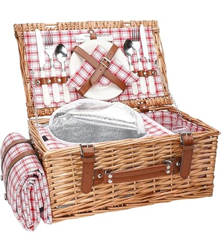 cilio Picknickmand Ancona, voor 4 personen, gevlochten mand met deksel van grenenhout, picknickmand met koelvak incl. bordenset, bestek en glazen, rieten mand met handgrepen, lichtbruin