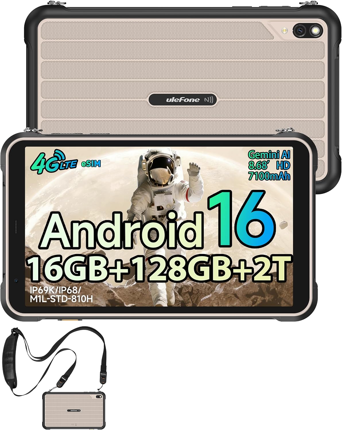 Ulefone RugKing Pad Pro Tablet Rugerizada Android 16, 16GB +128GB ROM/2TB Rugged Tablets 8.68 Pulgadas Vidrio Corning, Octa-Core Tableta Gaming 7100mAh, 16MP+8MP Cámara Dual SIM 4G/eSIM/NFC/GP-Gris