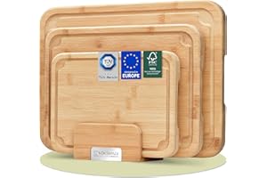KÖKSMAGI Tagliere legno (Set da 3) - taglieri naturali in bambù, disponibili in 3 dimensioni (piccola, media, grande) per la cucina - 3 bretelle con scanalatura e supporto per l'asciugatura