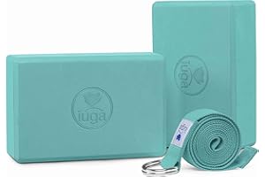 IUGA Yoga Block Set of 2 (9"x6"x3") with Metal D-Ring Yoga Strap High Density Yoga Brick to Improve Strength Flexibility and Balance Light Weight and Non-slip Surface for Yoga & Pilates