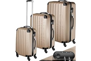 tectake 3 tlg Reisekoffer Set, Hartschalenkoffer Set, Trolley Kofferset, ABS Hartschalen Reisekofferset, Reisetasche, Trolley, Gepäck, Koffer Set, 4 Rollen, 360 Grad drehbar, Teleskopgriff - champagne