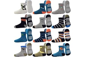 GRPSKCOS Toddler Grip Socks 12 Pairs Non Slip Baby Socks Cute Crew Anti Skid Socks for 0-7 Years Baby Boys Kids