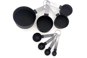 FONYA 8-Piece Black Measuring Tools - Nylon, 4 Measuring Cups / 4 Measuring Spoons with Metal Handles for Liquids and Solids