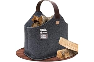 Filz Holzkorb für Kaminholz [60 L] - Made in Germany - Kaminholzkorb aus rPET Filz - Echtleder Henkel und Pflegeleichter Boden - Filzkorb Kaminholz 2 Aufsatztaschen easy and green® (Anthrazit)