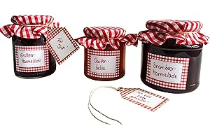 EAST-WEST TRADING GMBH Set per conserva con 5 etichette, 5 bigliettini e 5 cerchi di stoffa per vasetti di vetro, colore: rosso