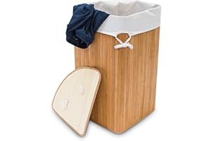 Relaxdays Bambusowy narożny kosz na pranie, składany, 60 l, zajmuje mało miejsca, worek na pranie, bawełna, 65 x 49,5 x 37 cm, naturalny
