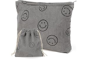 COOLON Corduroy Kosmetyczka z uśmiechniętą twarzą, etui na ołówek, kosmetyczka podróżna na kosmetyki, duża pojemność, kolor biały (1 duży + 1 mały), szary, Sztruksowy aksamit (tekstylia)