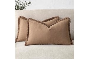 Foindtower Set of 2 Soft Decorative Linen Cushion Covers with Fringe, Boho Style Cushion Covers with Tassels for the Sofa, Bed, Living Room, Home Decor, 30 x 51 cm,