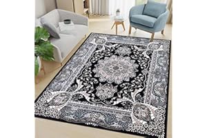 renoazul® Floral Design Washable Classical Mat, 200 x 290 cm (6 ft 7 in x 9 ft 6 in) - Black - Large Area Rug for Bedroom, Dining and Kids Room