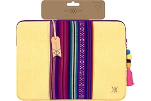 VAMVAM by Wondee Funda de portátil de hasta 14" color Amarillo con franja decorativa central de tela de colores de estilo étnico, Acolchada y Reforzada con Cremallera