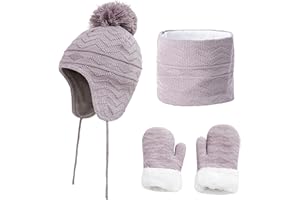 CheChury Sombrero de Invierno Bufanda para Niñas Niños Gorro y Bufanda Mitones de Punto Bebés y Niños Pequeños Gorro de Invierno con Color Puro Sombrero de Pompón Niñas Niños 1-6 Años