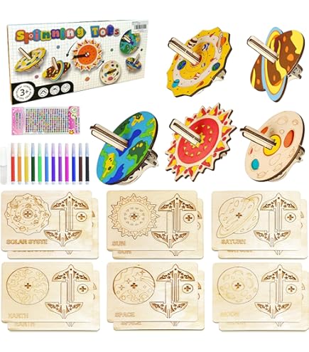 CHUANFU 12 Stück Planeten Holzkreisel - Bausatz Mit Stiften Zum Bemalen