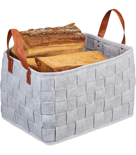 Set 3 Ceste Portaoggetti In Feltro Ispessito Con Manici In Legno - Organizer Per Armadi E Scaffali, Grigio-Nero - 5
