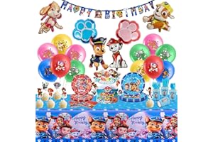 DEKEWE 135 Pièces Pat Anniversaire, Patrouille Ensemble Vaisselle Fête Kit avec Assiette Anniversaire Gobelet Nappe Décoration Gateau Ballon pour 10 Personnes
