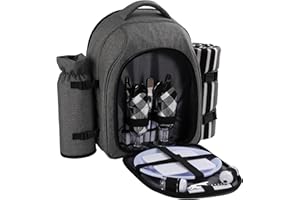 apollo walker Picnic Backpack Bag for 2 Person with Cooler Compartment, Detachable Bottle/Wine Holder, Fleece Blanket, Plates and Cutlery Set (2Person,Grey)