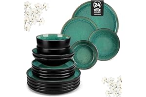Geschirrset 6 Personen, vancasso PLAYA Steingut Geschirr set 24tlg für 6 Personen, Grün Tafelservice mit Teller set, Suppenteller, Schalen & Salattellern, Spülmaschinenfest, Mikrowellengeeignet
