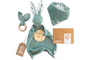 Mikito Set Neonato, Accessori Utili in Cotone Naturale Bio Mussola con Doudou, Massaggia Gengive, Bavaglino neonato. Unisex, Idea regalo maschio o femmina per baby shower, neo genitori