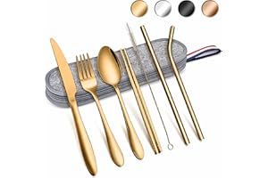 Herogo Set di posate da viaggio, 8 pezzi, in acciaio inox, con borsa per il trasporto, coltello, forchetta, cucchiaio, bacchette, cannucce, spazzola per viaggi all'aperto, picnic (oro)