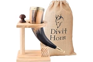 DIVIT HORN Divit - Cuerno para Beber con Soporte de Hierro, auténtico Cuerno Medieval para Beber Cerveza | (Horn with Wooden Stand)