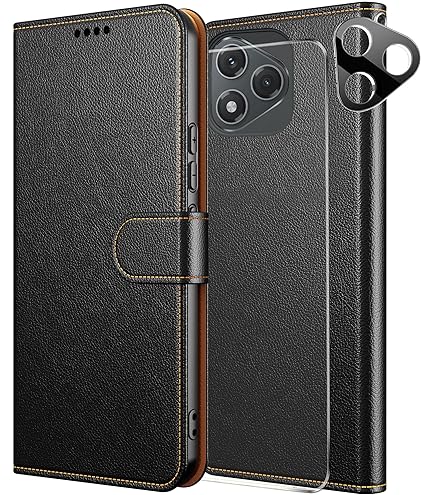 SEAHAI Coque Pour Honor Magic 7 Pro 5G Étui Portefeuille, Mignon Chat Embossée Premium PU Cuir Flip Antichoc Housse Avec Support/RFID Blocage/Fentes Pour Cartes, Noir