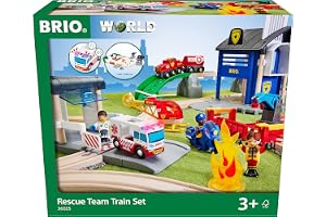 BRIO World 36025 Police and Fire Set Deluxe - Stort räddningssats med polisstation, brandtåg, brandhelikopter och ambulans - Rekommenderas för barn från 3 år och äldre