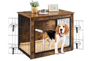 Yaheetech Gabbia per Cani Kennel Tavolino Armadietto con Doppie Porte Gatti a Rete in Legno da Interno 80,5 × 55,5 × 64 cm Marrone Rustico