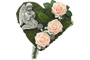 ‎RADAMI Grabgesteck Grabschmuck Grabaufleger Moosherz Grabherz Trauerherz Grab Herz Gesteck Rosen mit Engel (Rosen Rosa)