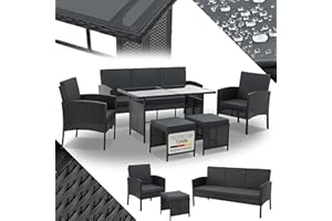 Juskys Polyrattan Gartenmöbel Sitzgruppe Turin Set 6 teilig - 7 Personen - Outdoor Möbel mit Sessel, Hocker, Tisch & Kissen - Loungemöbel Schwarz