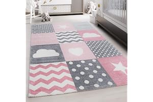 TEPPIUM Tapis pour Enfants avec Design cœur et étoile, Doux et Moelleux pour Chambre de bébé, Salle de Jeux, Chambre d'enfants, Tapis à Poil Court Taille: 120 x 170 cm, Couleur: Pink-7
