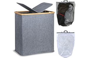 Efluky 140L Large Divided Wash Basket with Lid, 2 Section, Blue-grey