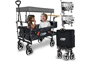‎LAWA LIVING AND LIFESTYLE Faltbarer Bollerwagen mit Dach für Kinder mit Regenschutz, Insektenschutz, Becherhalter, 360° schwenkbare Räder gefedert Bremse 80kg Traglast 1-8 Jahre Handwagen Transportwagen SCHWARZ/GRAU