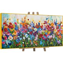 YS-Art Acryl Gemälde Auf Leinwand – Handgemalt, 160x80 Cm, Bunte Blumen Abstrakt