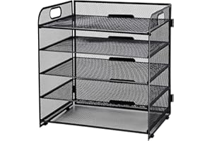 Hotyin Desk File Organiser, 5 Tier Paper Organizer Letter Tray - Mesh File Racks with Handle, File Organiser for A4 File Folder, Black