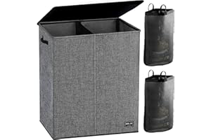 NUCAZA 145L Double Laundry Basket with Lid & Removable Laundry Bags, 2 Compartments Washing Basket for Light & Dark Clothes, Large Laundry Hamper, Collapsible Laundry Bin Storage Basket Grey