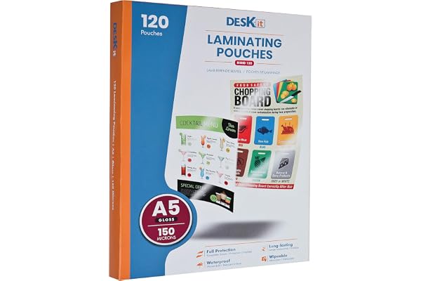 Pochettes de plastification Deskit A5, brillantes, 120 feuilles, 150 microns - Présentations claires et durables - Taille pratique avec une rigidité idéale pour un usage quotidien