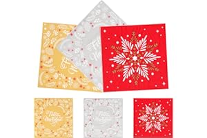H HANSEL HOME Tischservietten für Weihnachten, Packung mit 90 Servietten aus Weihnachtspapier, 33 x 33 cm, 3 Farben, perfekte Weihnachts-Tischdekoration - Rot mit Schneedesign, Silber und Gold mit Frohe Weihnachten