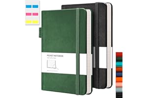 RETTACY Pocket Notebook A6 Mini Notepad 2 Pack Small Hardcover Journal with Content,312 Numbered Pages, 2 Inner Pocket, 100gsm Lined Paper 8.5 x 14 cm - Black Green