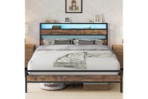 IRONCK 5ft King Size Bed Frame with Storage Headboard and Charging Station/LED Lights, Metal Platform Bed Frame King Size, Reinforced Strong Support Leg, UnderBed Storage, Vintage Brown